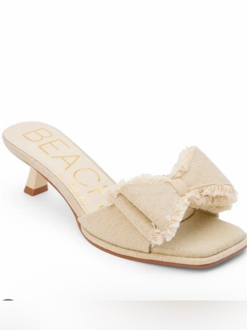 BEACHFRONT Beige Frayed Bow Kitten Heel Mule